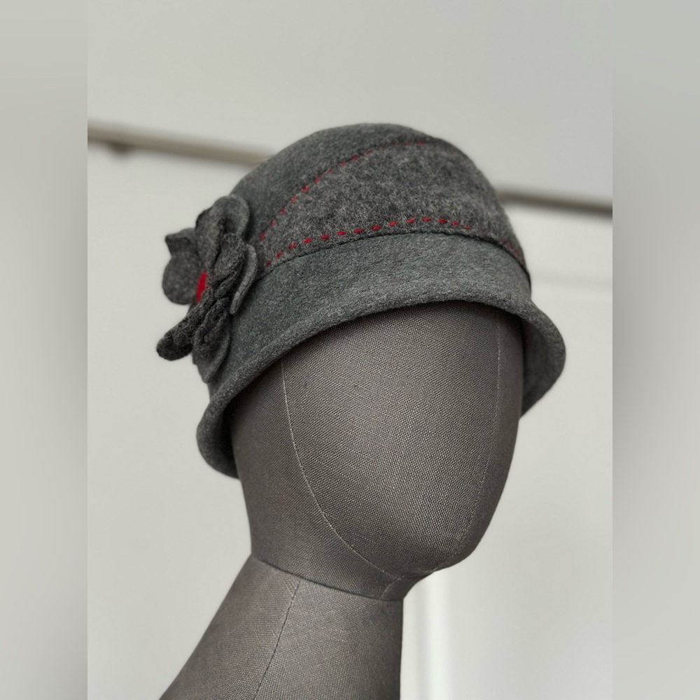 Gray Wool Cloche Hat Made in Italy Red Stitch Detail Flower Accent